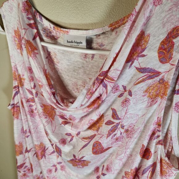 Haute Hippie Floral Tank Sz L Linen Blend Drape Neck White Pink Purple Summer - Picture 2 of 4